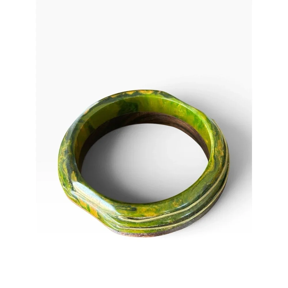 Vintage Bakelite Wood Bangle Bracelet Green Marbled Chunky Mixed Media MCM